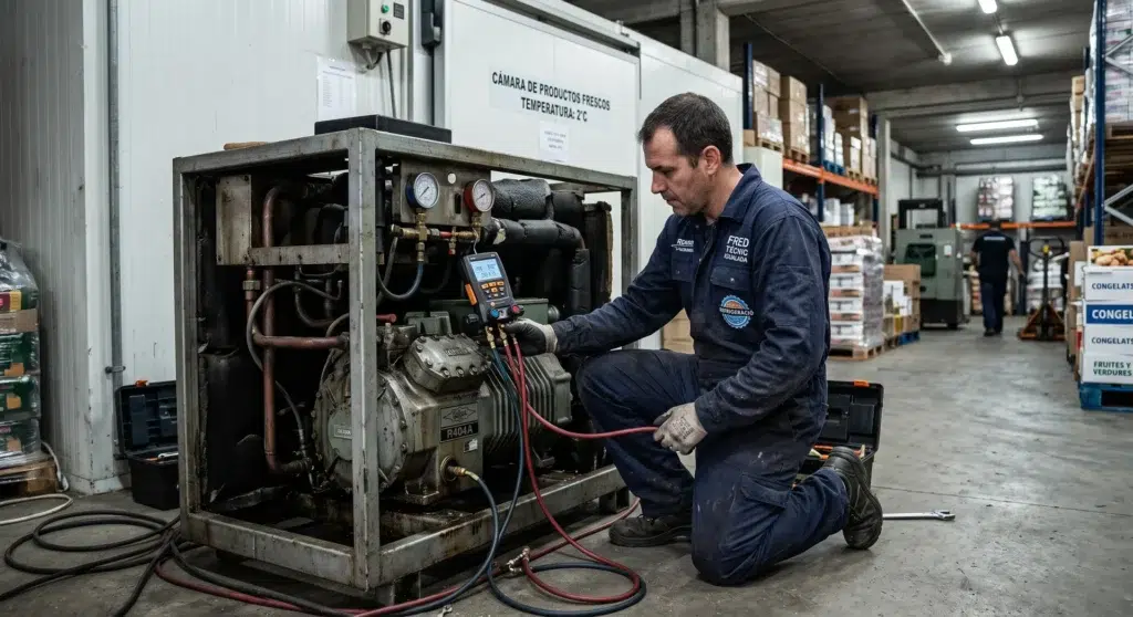 tecnico frio industrial revisando compresor camara frigorifica almacen Barcelona