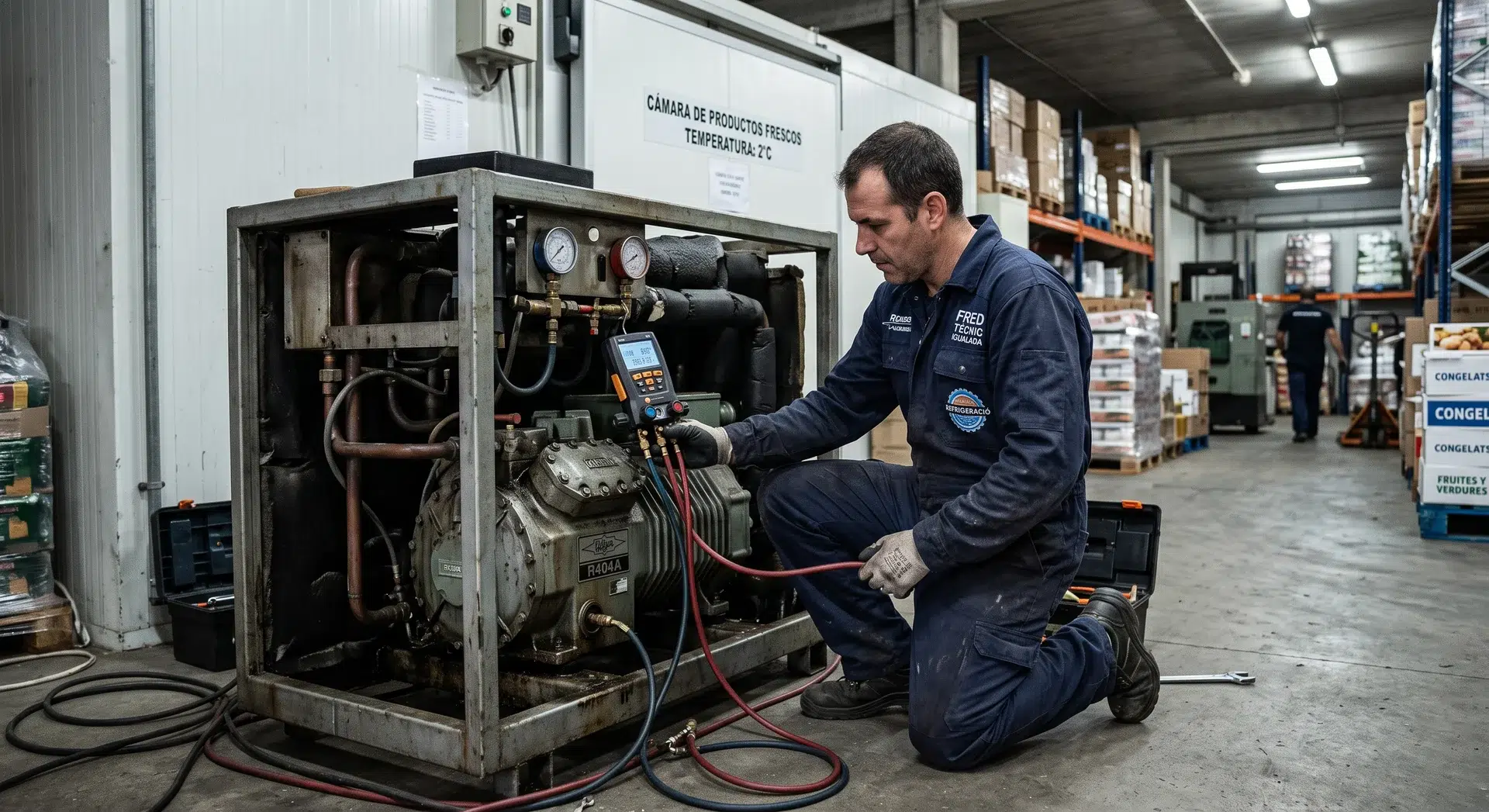 tecnico frio industrial revisando compresor camara frigorifica almacen Barcelona