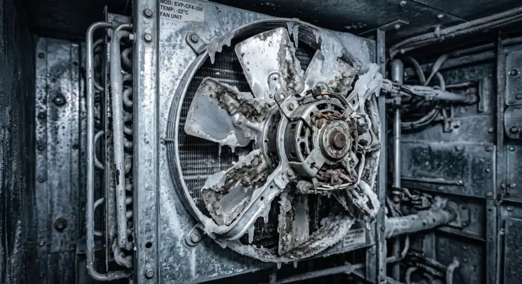 ventilador evaporador camara frigorifica con hielo y suciedad causando ruido
