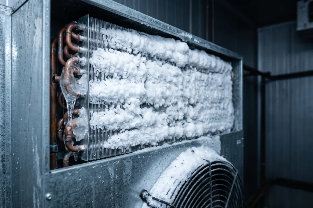 Primer plano de serpentines del evaporador de cámara frigorífica cubiertos de escarcha blanca