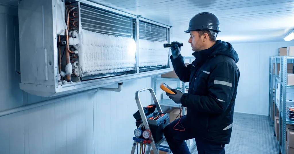 Técnico inspeccionando evaporador de cámara frigorífica cubierto de escarcha